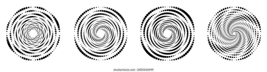 Abstract geometric design featuring a circle swirl dots shape with dotted spiral lines. Radial spinning halftone form. For posters, banners, logos, icons, presentations, and booklets. Vector.