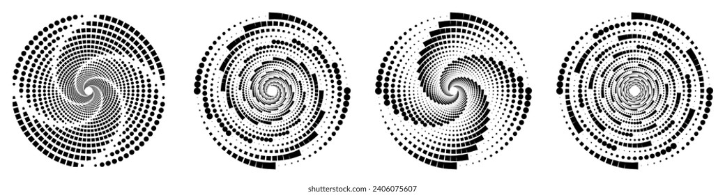 Abstract geometric design featuring a circle swirl dots shape with dotted spiral lines. Radial spinning halftone form. For posters, banners, logos, icons, presentations, and booklets. Vector.