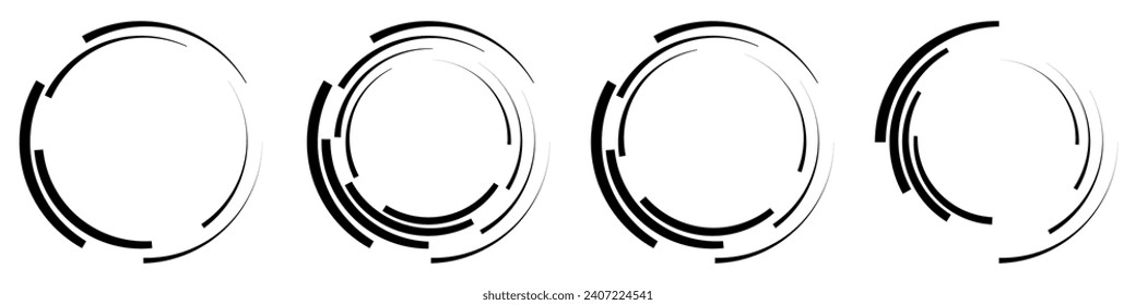 Abstraktes geometrisches Design mit kreisförmigen, kreisförmigen Linien. Radiales Spinnen halber Form. Für Poster, Banner, Logos, Symbole, Präsentationen und Broschüren. Vektorgrafik.