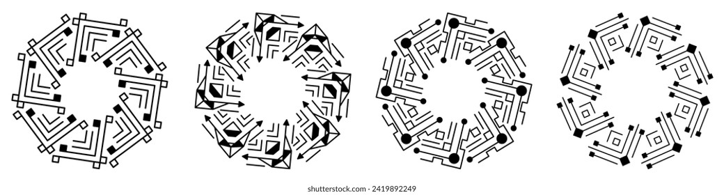 Diseño geométrico abstracto con forma de giro circular con líneas espirales. Forma de semitono de hilatura radial. Para afiches, banners, logotipos, iconos, presentaciones y folletos. Ilustración vectorial.