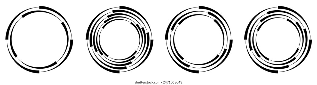 Abstraktes geometrisches Design mit einer Kreiswirbelform mit Spirallinien. Radial drehende Halbtonform. Für Poster, Banner, Logos, Symbole, Präsentationen und Broschüren. Vektorillustration.