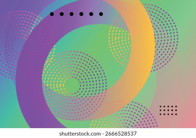Design geométrico abstrato com círculos e padrões em paleta de cores vibrante