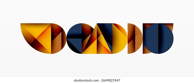 Abstrato design geométrico com formas poligonais coloridas formando texto. Os tons quentes dominam, com acentos azuis. Estilo minimalista.