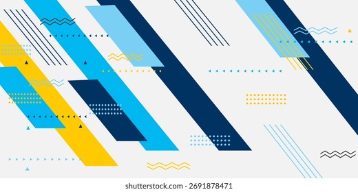 Abstract geometric design featuring diagonal stripes, triangles, dots, and zigzag lines in shades of blue and yellow on a white background.