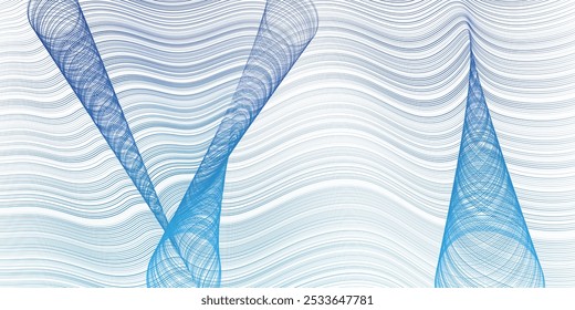 Abstract geometric design featuring fluid, curving blue lines that form elegant cone-like shapes against a gradient background. The lines create a sense of movement and rhythm, blending waves vector