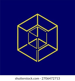Projeto geométrico abstrato com uma estrutura de cubo dourado sobre um fundo azul profundo
