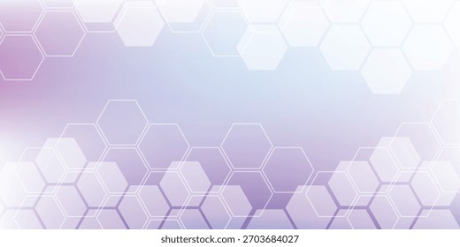 Un diseño geométrico abstracto que presenta un patrón de panal de hexágonos en tonos pastel suaves de púrpura, lavanda y azul claro, que se desvanecen en un fondo brillante y borroso.