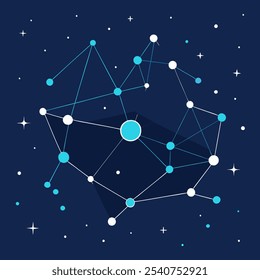 Abstract geometric design featuring interconnected nodes and lines, reminiscent of a constellation in space. The blue and white color scheme creates a sense of depth and mystery.