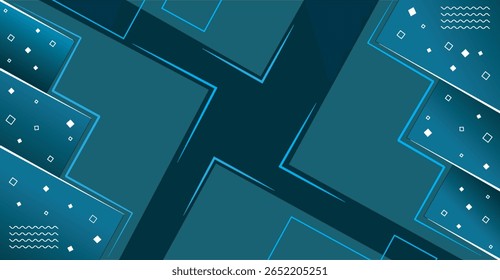 Design geométrico abstrato com interseção de retângulos de azul-petróleo e azul-petróleo escuro, quadrados e linhas onduladas.  O padrão cria um efeito visual dinâmico e moderno.