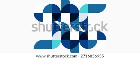 Abstract geometric design featuring letter H constructed from overlapping blue circles, squares. Minimalist style, white background.