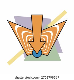 Um desenho geométrico abstrato com uma seta laranja que aponta para baixo, com linhas concêntricas, sobrepostas sobre um fundo de formas pastel sobrepostas e uma linha diagonal amarela.