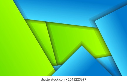 Um design geométrico abstrato com sobreposição de formas azuis e verdes.