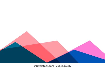 Abstract geometric design featuring overlapping triangles in shades of blue, pink, and red, creating a dynamic and modern pattern against a white background.