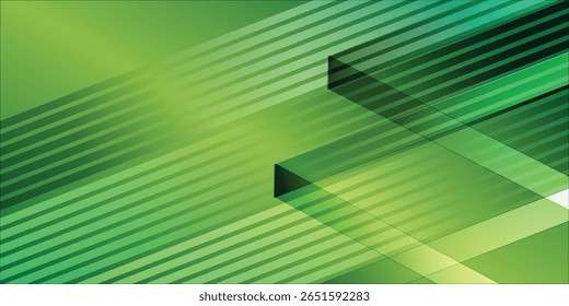 An abstract geometric design featuring overlapping translucent shapes and lines in shades of green. The composition creates a sense of depth and movement.
