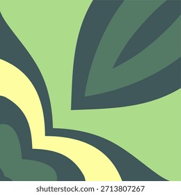 Um design geométrico abstrato com camadas curvas radiantes em tons de verde, azul escuro e amarelo pálido, criando um padrão de folhas ousado e orgânico.