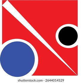 Abstract geometric design featuring a red square with blue and black circles and a white diagonal line