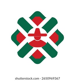 Abstract geometric design featuring a red sombrero figure with green red shapes on