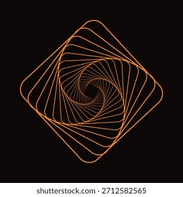 Un diseño geométrico abstracto que presenta una serie de cuadrados naranjas en espiral hacia adentro sobre un fondo negro sólido.