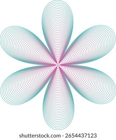 An abstract geometric design featuring six symmetrical petals formed by concentric, curved lines. The gradient transitions from pink at the center to teal at the petal tips.