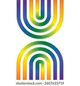 Abstract geometric design featuring symmetrical rainbow-colored curved lines forming arches on a white background. A modern, vibrant, and dynamic composition perfect for digital art and graphic 