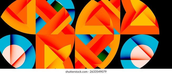 Abstract geometric design featuring vibrant orange, blue, green shapes forming letters. Bold composition, modern aesthetic, dynamic visual impact.