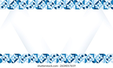Abstract geometric design featuring a white background and blue patterned borders. The design incorporates various shades of blue in a repeating geometric pattern. Soft lighting creates a clean and