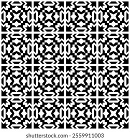 Abstract geometric design forming a repetitive grid-like black and white pattern. Ideal for backgrounds, textures, wallpapers, and modern art projects to convey a sense of symmetry.