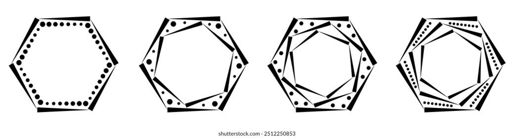 Abstractas diseño geométrico. Cuatro marcos hexagonales negros con puntos están creando un patrón geométrico concéntrico sobre un fondo blanco. Para carteles, Anuncios, logotipos, íconos, folletos. Ilustración vectorial.