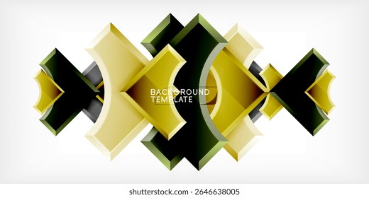 Abstract geometric design. Golden, dark green squares overlap creating dynamic pattern. Gradient background transitions from black to white.