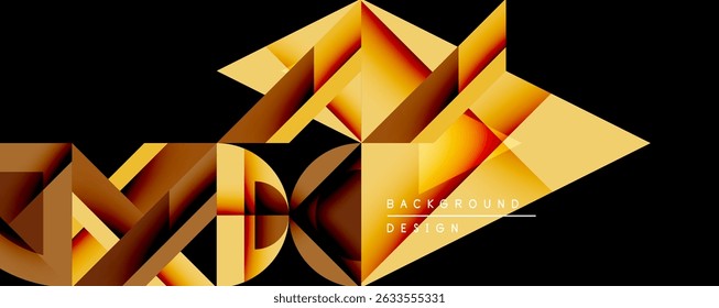 Abstract geometric design. Golden polygonal shapes create dynamic illusion. Dark background emphasizes vibrant color gradients, modern aesthetic. Minimalist composition.
