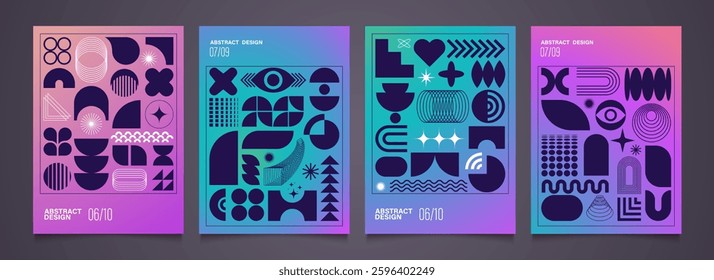 Abstract geometric design of gradient backgrounds. Posters with line art shapes and brutal elements. Minimalist banners templates, y2k. Contemporary vector illustration.
