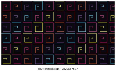 Abstract geometric design, greek key motif, bright colors, dark backdrop, modern art.