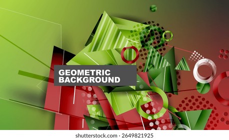 Abstract geometric design. Green, red hues dominate composition. Shapes overlap, creating dynamic visual effect. Modern, vibrant.