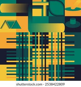 Abstract geometric design with green, yellow, and black rectangles and lines creating a grid pattern. Ideal for backgrounds, banners, or digital art projects.