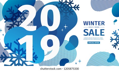 Abstract geometric design for the happy new year 2019. New Year banner with vector blue liquid form with the decor of snowflakes  and sparkles. Blue, creative template sale with fluid dynamic shape.