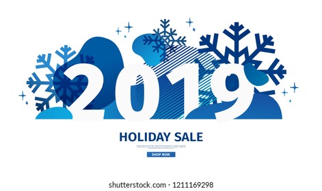 Abstract geometric design for the happy new year 2019. Christmas offer banner with vector liquid form and decor  snowflakes and sparkles. Blue creative template sale graphic with fluid dynamic shape.