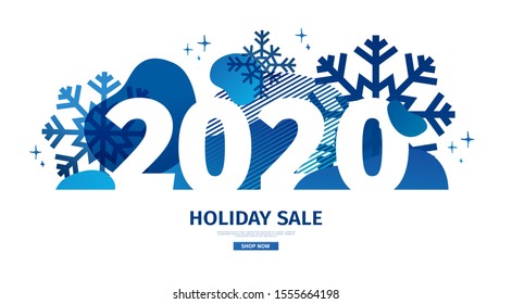 Abstract geometric design for the happy new year 2020. Christmas offer banner with vector liquid form and decor snowflakes and sparkles. Blue creative template sale graphic with fluid dynamic shape