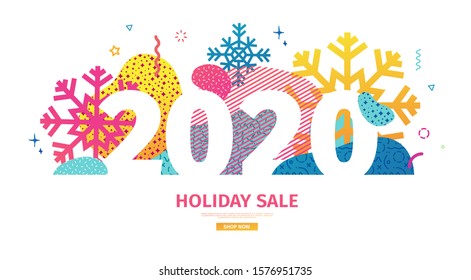 Abstract geometric design for the happy new year 2020. Christmas offer banner with vector liquid form and decor snowflakes and sparkles. Colorful creative template sale graphic  fluid dynamic shape