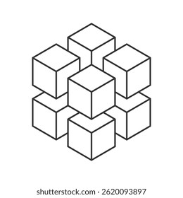 Abstract geometric design of interconnected cubes.  Represents connection, structure, or data.  Minimalist line art style, perfect for tech, engineering, or architecture concepts.