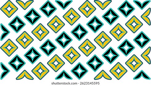 Abstract Geometric Design with Interlocking Diamond Outlines in Teal and Yellow, and Solid Black Diamonds on a white background. background design and wallpaper with ethnic patterns