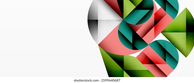 Abstract geometric design with intersecting circles, triangles, squares and sharp angles creating a layered composition with gradients, depth, and contrast