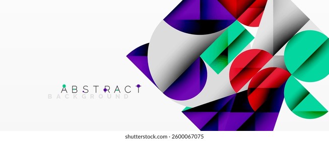 Abstract geometric design with intersecting circles, triangles, squares and sharp angles creating a layered composition with gradients, depth, and contrast