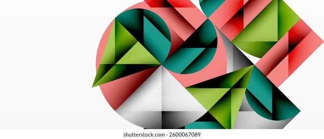 Abstract geometric design with intersecting circles, triangles, squares and sharp angles creating a layered composition with gradients, depth, and contrast