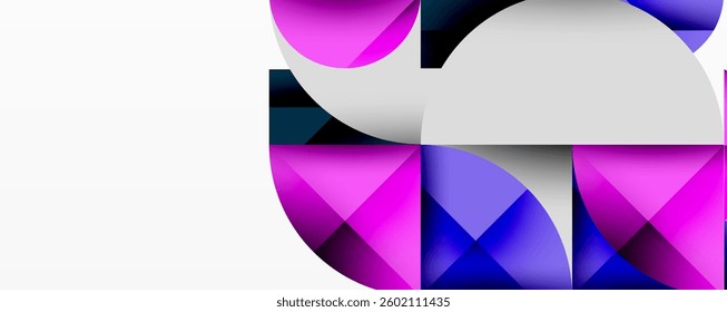 Abstract geometric design with intersecting circles, triangles, squares and sharp angles creating a layered composition with gradients, depth, and contrast
