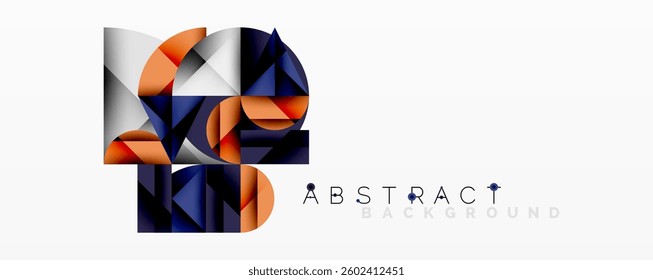 Abstract geometric design with intersecting circles, triangles, squares and sharp angles creating a layered composition with gradients, depth, and contrast