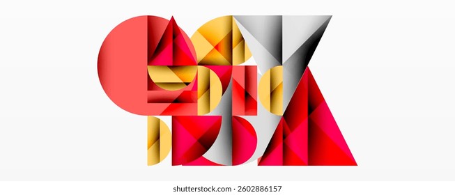 Abstract geometric design with intersecting circles, triangles, squares and sharp angles creating a layered composition with gradients, depth, and contrast