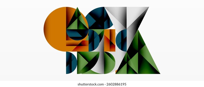 Abstract geometric design with intersecting circles, triangles, squares and sharp angles creating a layered composition with gradients, depth, and contrast