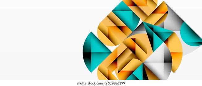 Abstract geometric design with intersecting circles, triangles, squares and sharp angles creating a layered composition with gradients, depth, and contrast