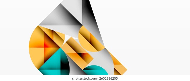 Abstract geometric design with intersecting circles, triangles, squares and sharp angles creating a layered composition with gradients, depth, and contrast