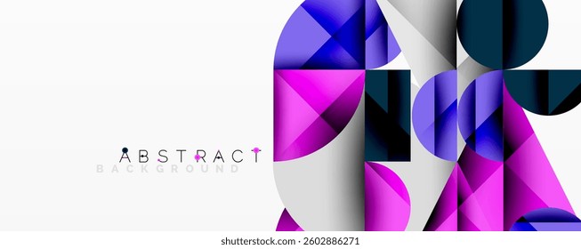 Abstract geometric design with intersecting circles, triangles, squares and sharp angles creating a layered composition with gradients, depth, and contrast